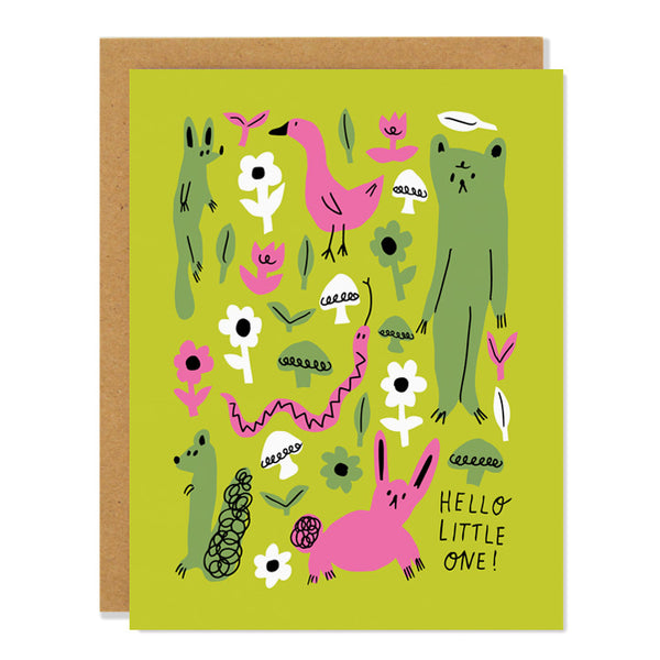 a new baby card featuring illustrations of little animals such as rabbits, ducks, foxes, a bear, and a squirrel amongst a field of flowers and mushrooms. Text reads: Hello little one! 