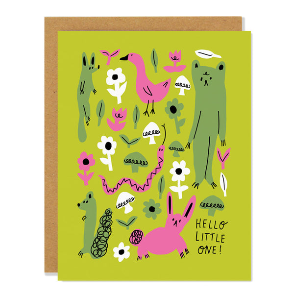 a new baby card featuring illustrations of little animals such as rabbits, ducks, foxes, a bear, and a squirrel amongst a field of flowers and mushrooms. Text reads: Hello little one!