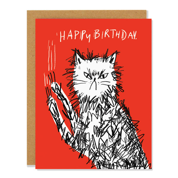 A birthday greeting card featuring an illustration of a grumpy cat with messy fur that has scratched into the red background “Happy Birthday” 