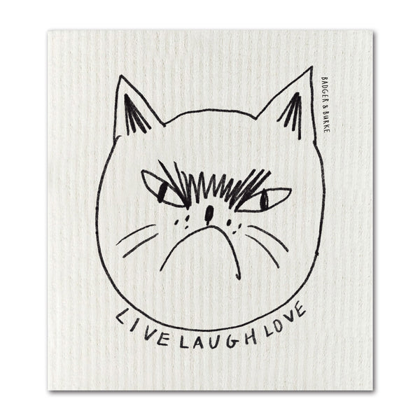 a swedish sponge cloth with a black line drawing of a grumpy cat's face with the ironic text "LIVE LAUGH LOVE"