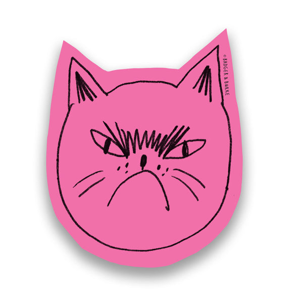 a pink sticker of Snitty Kitty's face