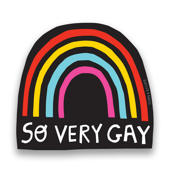 a sticker featuring a rainbow in red, yellow, light blue, and fuschia. Underneath in white reads the text "SO VERY GAY"