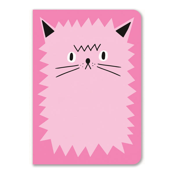 An illustration of a pink cat with a simple face, pointed ears, and jagged fur edges on a notebook cover.