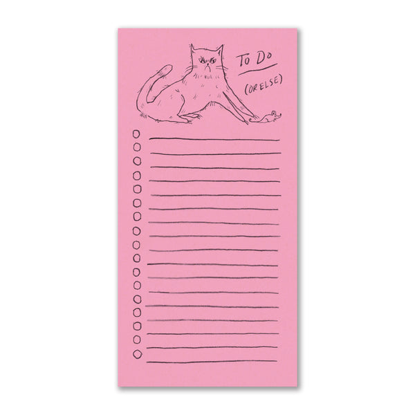 a light pink notepad featuring an illustration of an angry cat (Snitty Kitty!) with a freshly killed mouse. The text reads "To Do (Or Else)"