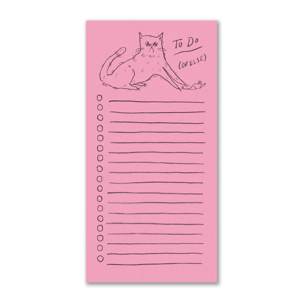 a light pink notepad featuring an illustration of an angry cat (Snitty Kitty!) with a freshly killed mouse. The text reads "To Do (Or Else)"