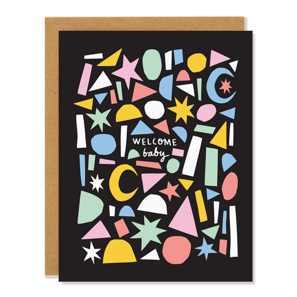 a new baby greeting card featuring pastel colored abstract shapes creating a pattern across a black background. The text in the middle reads: "Welcome Baby" 