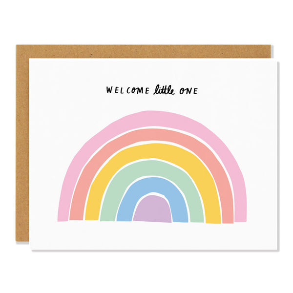a new baby card with an illustration of a rainbow in pastel colours. text above reads: welcome little one