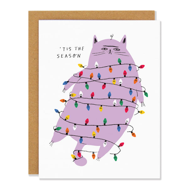 purple grumpy kitty wrapped in christmas lights