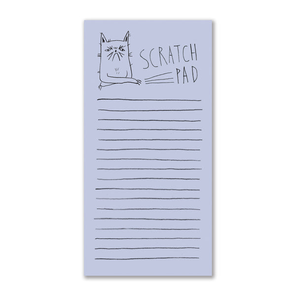 A light blue notepad titled Scratch Pad - featuring an illustration of an angry cat with claws out near a few scratches.