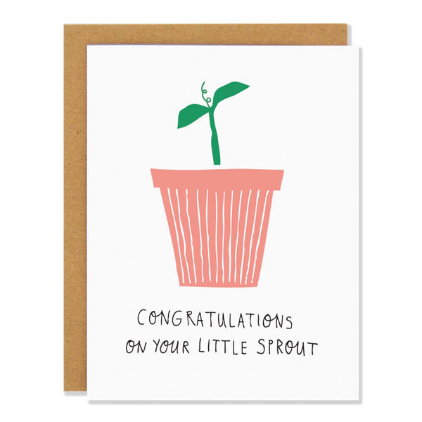 a new baby greeting card featuring an illustration of a seedling in a terra cotta pot, with text reading: congratulations on your little sprout