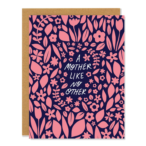a mother's day greeting card with a flower cut out design in pink on a deep purple background. in the center, the text reads: "a mother like no other"