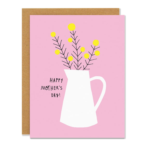 a mother's day greeting card featuring an illustration of yellow pom pom flowers in a white vase, with text reading "Happy Mother's Day!"