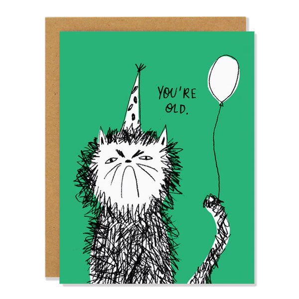 a birthday greeting card featuring an illustration of an angry cat with a big frown wearing a party hat and a balloon tied to its tail. The handwritten text reads: "You're Old"