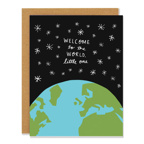 a new baby greeting card featuring an illustration of the earth amongst the night sky with the text above reading: "Welcome to the World, Little One"
