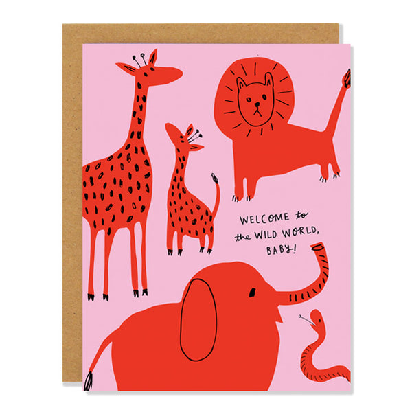 a new baby greeting card featuring illustrations of red animals including giraffes, elephants, lions, and a snake. The text on the light pink background reads: "Welcome to the Wild World, Baby!"