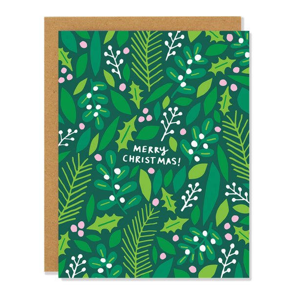 a christmas greeting card with a floral pattern design of mistletoe, holly, pines, and berries, in shades of green and pink. Text reads: "Merry Christmas!"