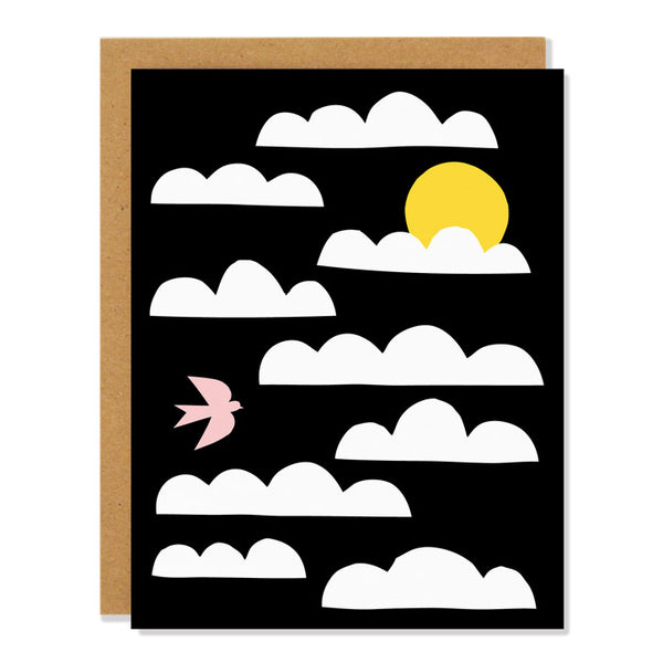 A greeting card with a black background featuring a pattern of white clouds, a yellow sun peeking from behind a cloud, and a pink bird in flight.