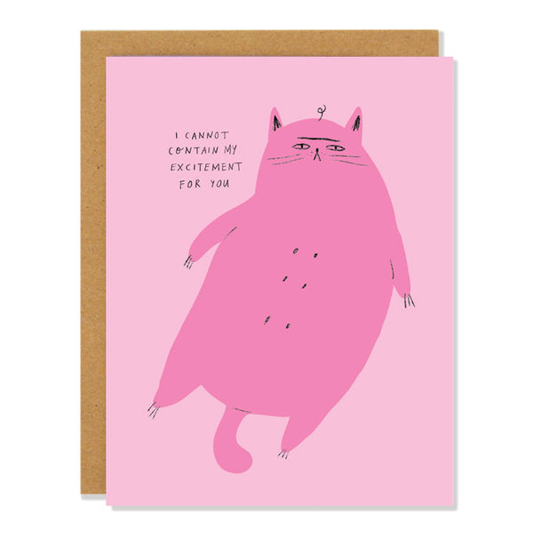 a congratulatory wedding card featuring an illustration of a pink unimpressed cat with sarcastic and snarky text that reads: "I cannot contain my excitement for you"