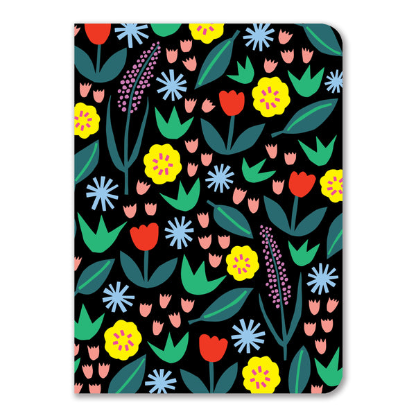a notebook featuring a colorful all over floral design, inspired by mid century and scandinavian design 