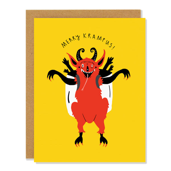 a christmas greeting card featuring a fun, and spooky illustration of krampus! Text reads "Merry Krampus!"