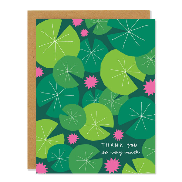 a thank you note card featuring an illustration of lilypads in different shades of green, with pink flowers on a dark green background. handwritten text reads: "Thank you so very much"
