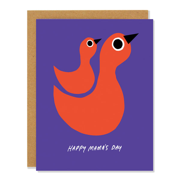 a mother's day greeting card with paper cut out style illustrations of one orange small bird cradled into a larger bird on a purple background. text reads: "happy mama's day"