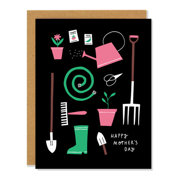 a mother's day greeting card featuring illustrations of classic garden objects in pink, green, and brown - a watering can, boots, spade, seed packages, scissors, trowel, with text reading: "Happy Mother's Day".