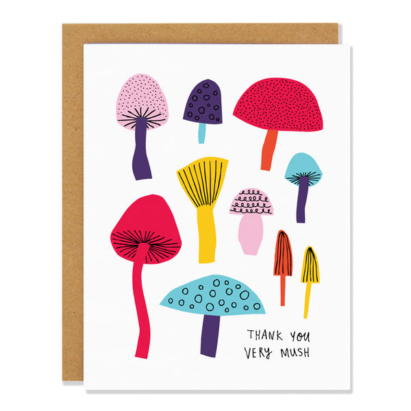 a thank you greeting card featuring illustrations of multi colored mushrooms in an abstract, cut out style. Colors are red, orange, pink, yellow, blue and purple. Text in the bottom corner reads: "thank you very mush"