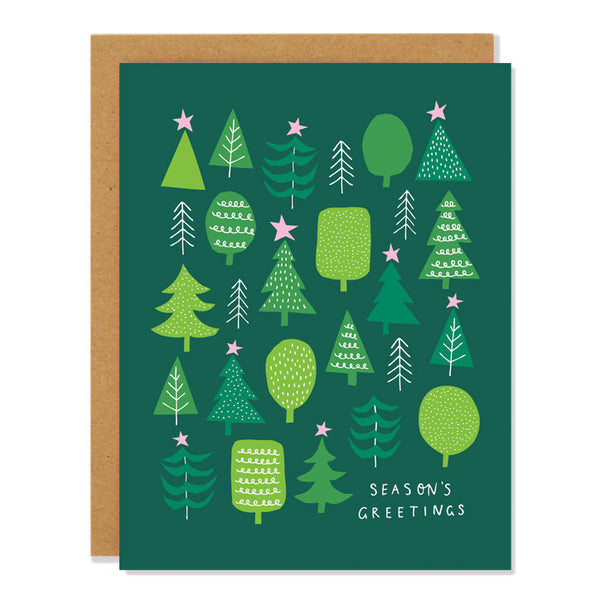 a christmas greeting card featuring illusrations of various trees in different shades of green, some with small pink stars on top. Text on the bottom reads: "Season's Greetings"