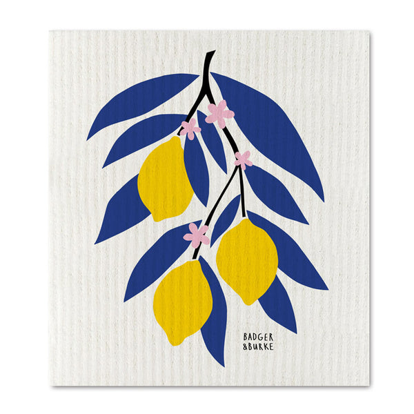 a swedish sponge cloth featuring a design of a lemon branch with three yellow lemons on a branch with blue leaves and pink little blossoms