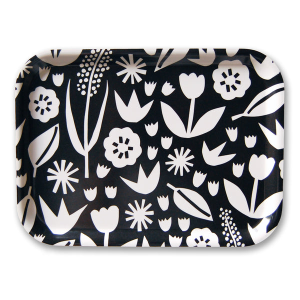 birch tray in black and white abstract floral cut out pattern, inspired by mid century and scandinavian design