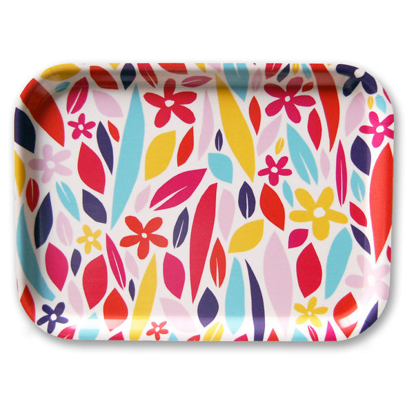 a birch tray featuring a floral pattern in multiple colors over a white background