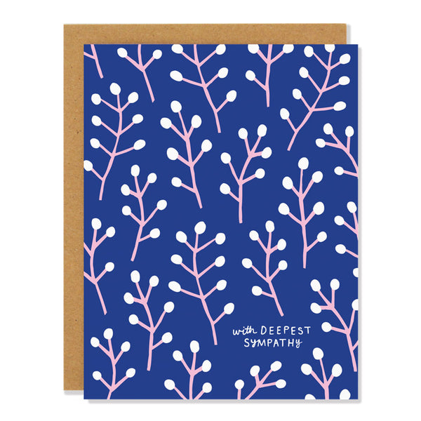 a sympathy card featuring pink and white flower buds on a deep blue background. Text reads: "with deepest sympathy"