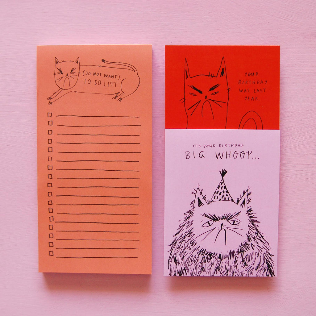 Three colorful stationery products, each featuring a cat illustration and humorous text. left: orange with "do not want to do list." middle: red, stating "your birthday was last year." right: pink with a cat saying, "big whoop"