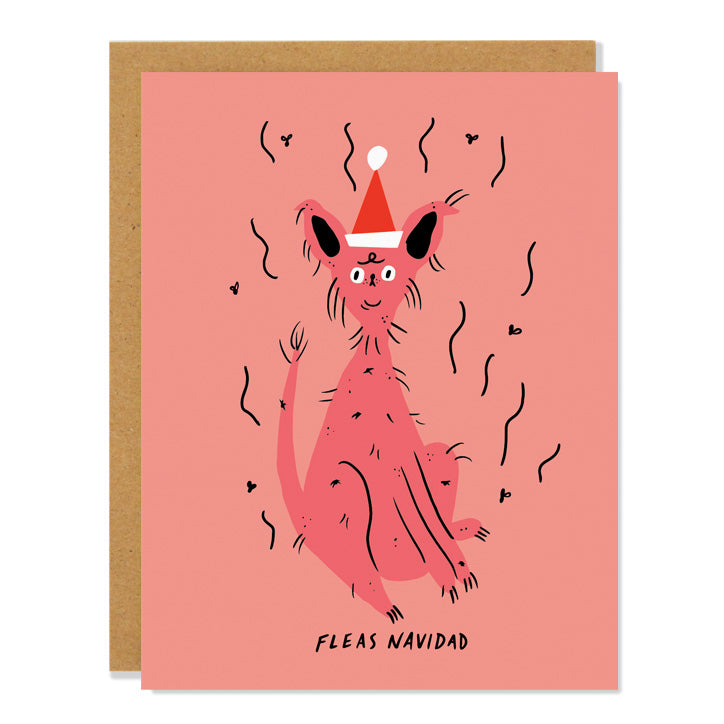 a christmas greeting card featuring a wire haired dog wearing a santa hat surrounded by stink lines and little black flies and text reading: "Fleas Navidad" 