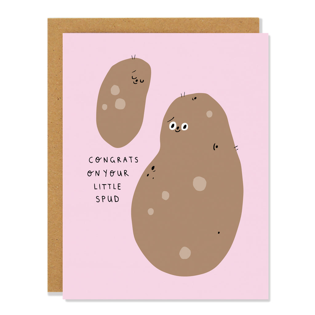 a new baby card featuring an illustration of two anthropomorphized potatoes on a pink background, with text reading "congrats on your little spud"