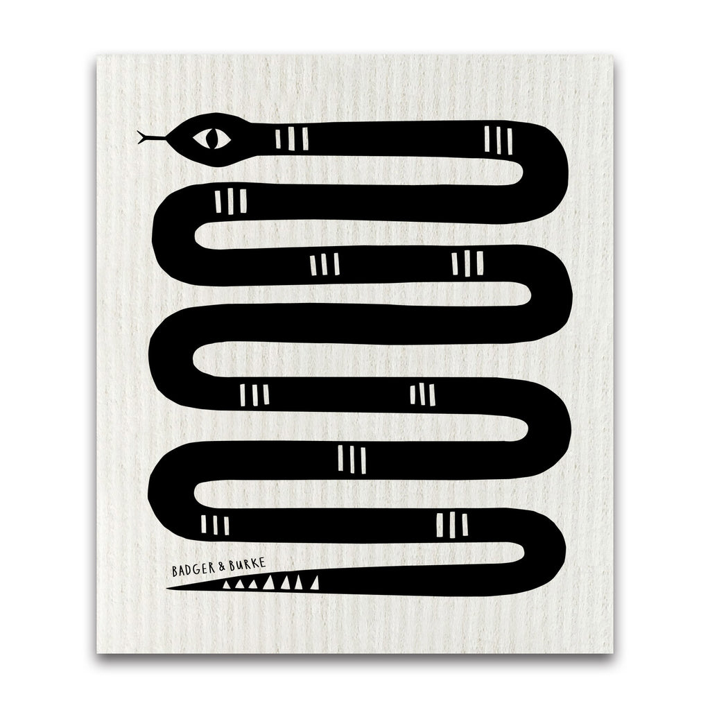 a swedish sponge cloth featuring an illustration of a long black geometric snake, with small white lines across the length of the snake's body.