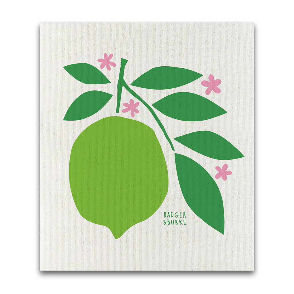 a swedish sponge cloth featuring an illustration of a lime and lime leaves surrounded by small pink blossoms