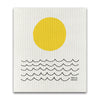 a swedish sponge cloth featuring a minimalist illustration of a yellow sun and black wavy lines representing the sea