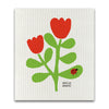 a swedish sponge cloth featuring an illustration of a red ladybug on the green leaves of red tulips