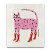 swedish sponge cloth featuring an illustration of a pink cat with black spots wearing red cowboy boots, standing on a textured white background