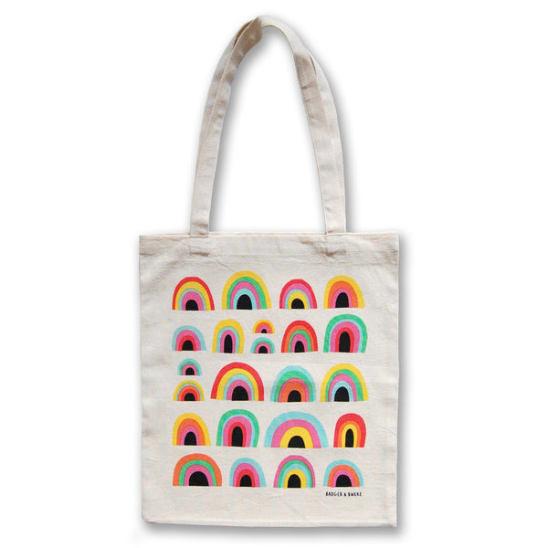 a tote bag featuring the classic badger & burke rainbow pattern in alternating colours 