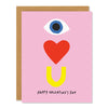 a light pink valentine's day greeting card with an illustration from top to bottom: an eye, a heart, and a large U, spelling out Eye Heart U
