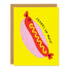 a thank you greeting card featuring an illustration of a hot dog in pink and red, with yellow mustard, with text reading: "Franks So Much!", on a yellow background