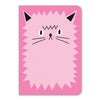 An illustration of a pink cat with a simple face, pointed ears, and jagged fur edges on a notebook cover.