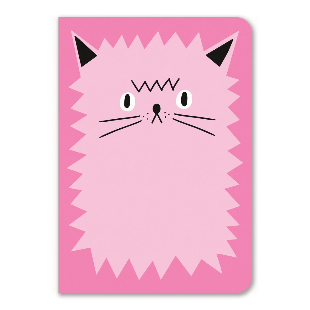 An illustration of a pink cat with a simple face, pointed ears, and jagged fur edges on a notebook cover.