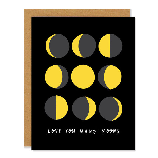 a love and friendship greeting card featuring illustrations of different moon phases, with text reading: "love you many moons"