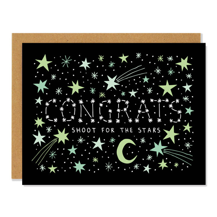a congrats greeting card featuring illustrations of stars in various shades of light green on a black background. the word CONGRATS is spelled out in constellations, with "shoot for the stars" written in small white writing underneath.