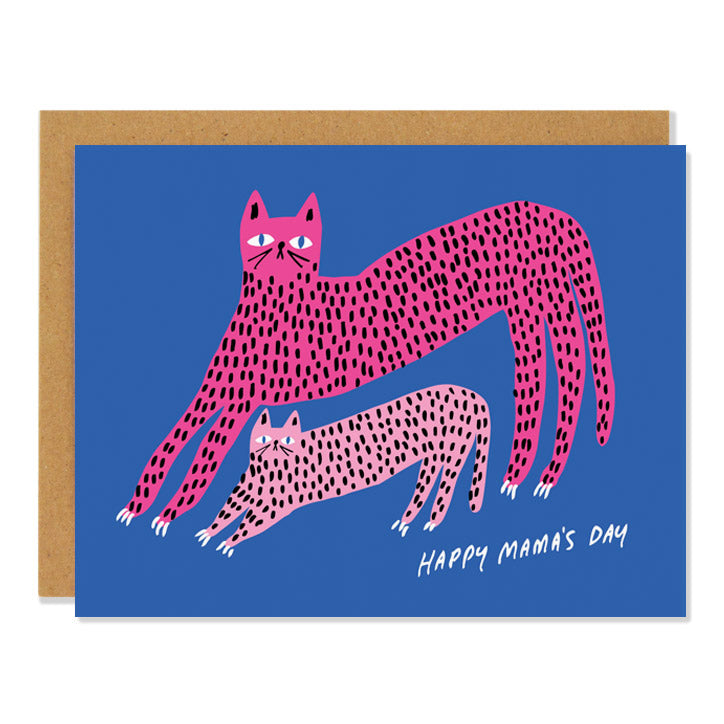 A greeting card with a blue background and illustration of a pink leopard and her cub with the text "Happy Mama's Day" on the front.