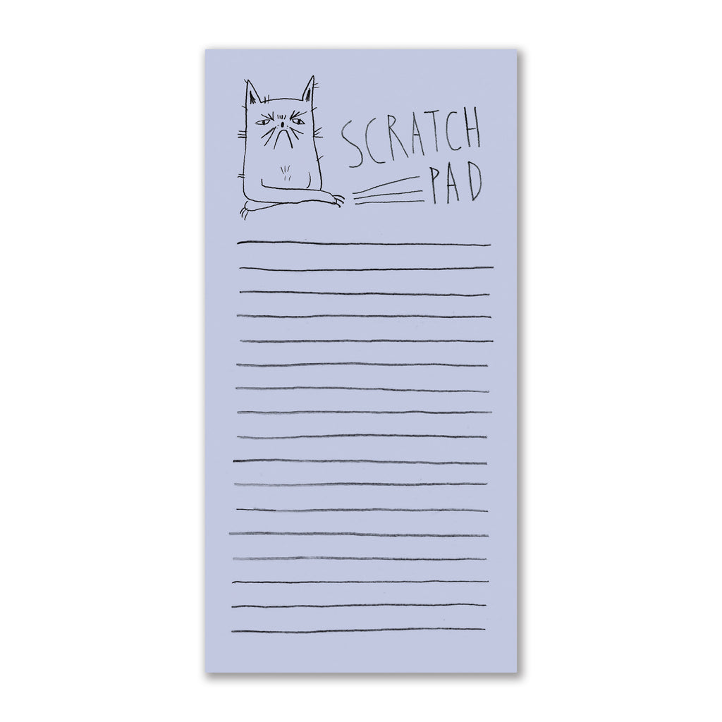 A light blue notepad titled Scratch Pad - featuring an illustration of an angry cat with claws out near a few scratches. 
